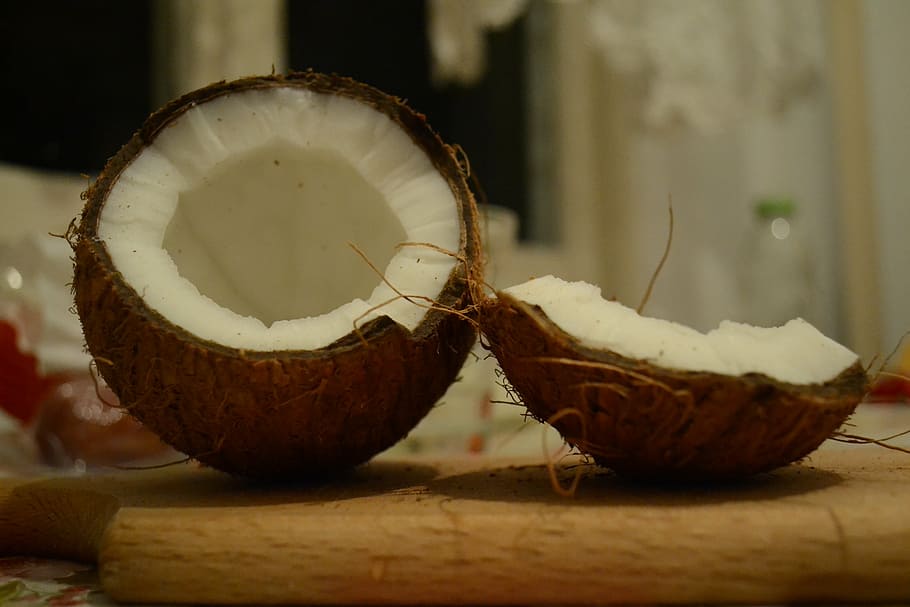 coconut shell slit into two, exotic, food and drink, healthy eating HD wallpaper