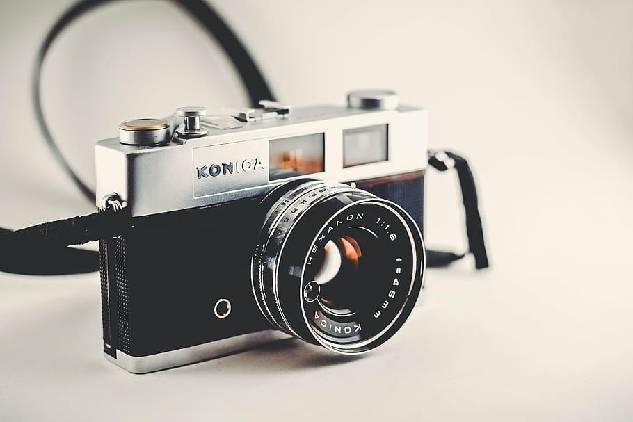 gray and black Konica SLR camera, film, photography, equipment