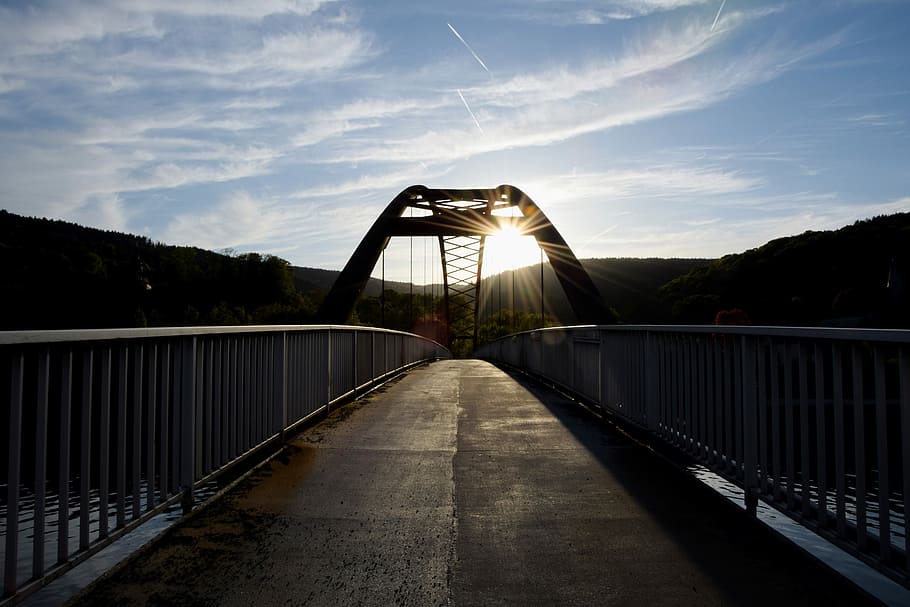 gray bridge, sunset, arch, dusk, bridge construction, abendstimmung HD wallpaper