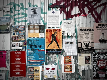 assorted book collection, assorted poster on wall, leaflet, flyer HD wallpaper