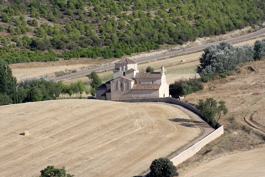 hermitage, fields, spain, landscape, people, hiking, path, tourism HD wallpaper