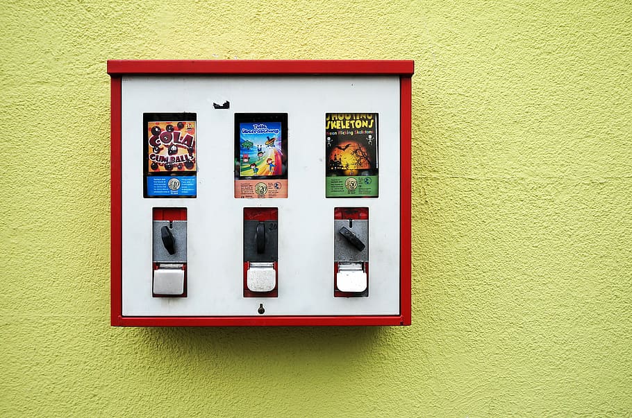 white and red wooden board on wall, machine, vending, yellow HD wallpaper