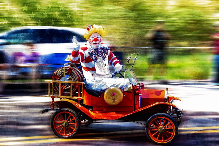 clown riding car waving hand while driving on road during daytime, HD wallpaper