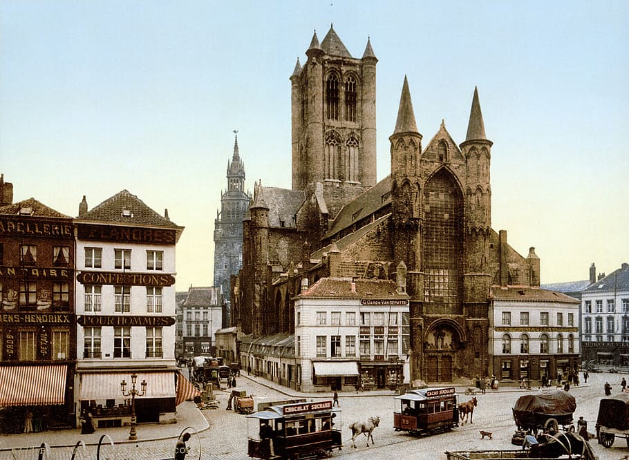 brown concrete church, saint nicholas, ghent, belgium, tram, photochrom