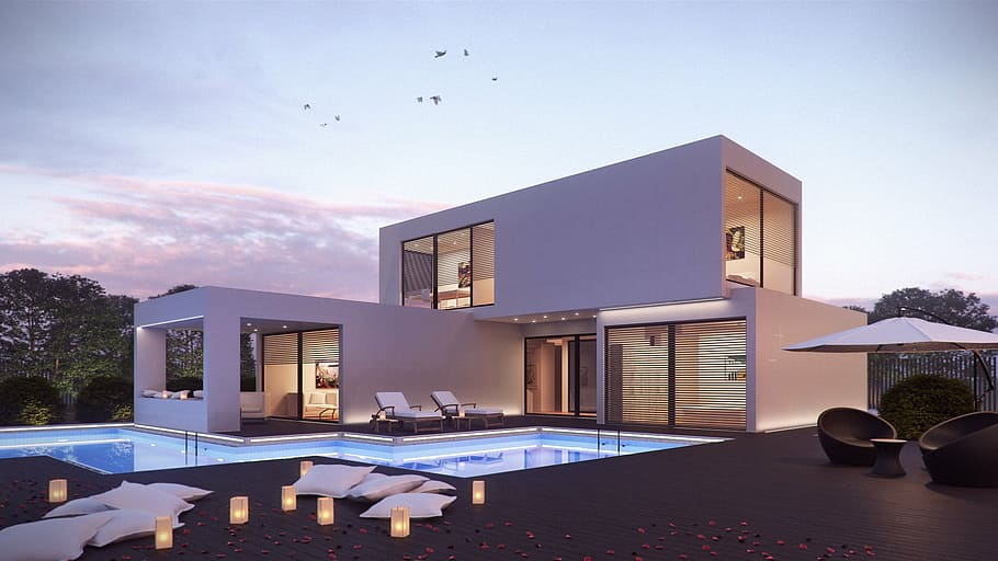 white and brown concrete mansion, architecture, render, external