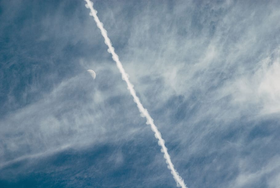 Contrail and the Moon, abstract, airplane, blue, sky, day, flying HD wallpaper