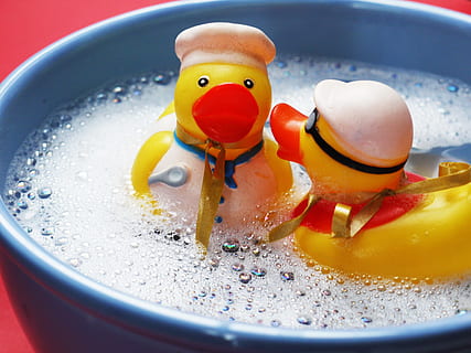 two yellow duckling plastic toys on bowl, bath, splashing, ducks HD wallpaper