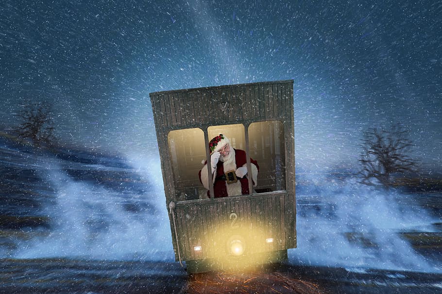 Santa Claus riding on black train graphic wallpaper, nicholas