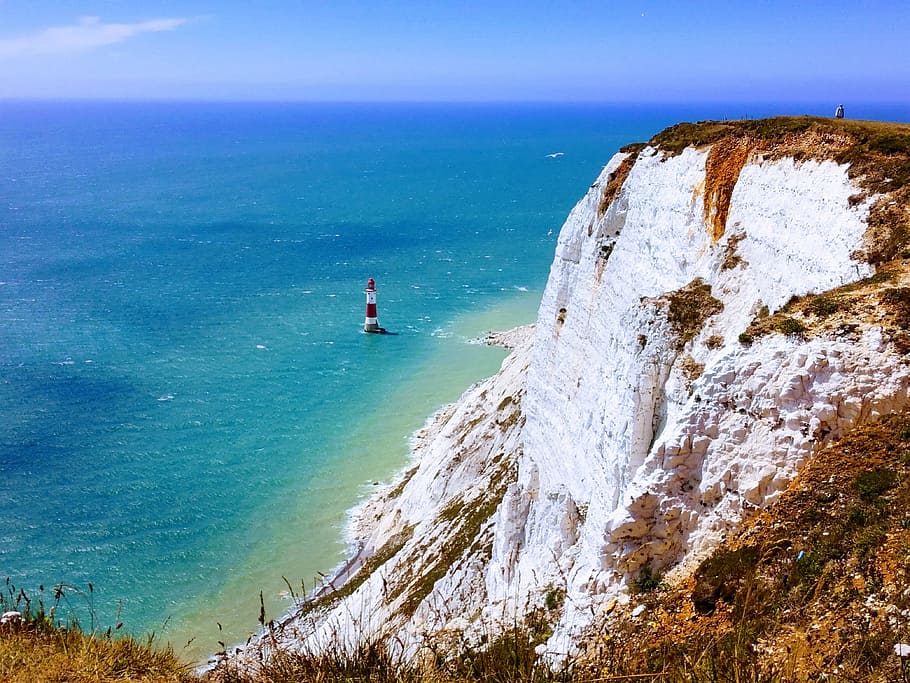 seven sisters, lighthouse, cliff, sea, coast, eastbourne, east sussex, HD wallpaper