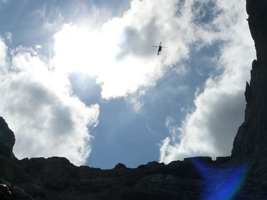 Helicopter, Mountains, Clouds, Sky, back light, tiny, fly, air HD wallpaper