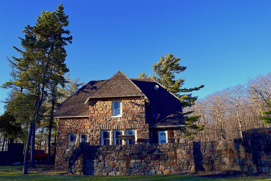 Stone, Building, Pine Tree, stone building, park, architecture HD wallpaper