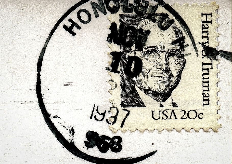 USA 20 c postage stamp, postcard, postmark, 1997, harry truman, HD wallpaper