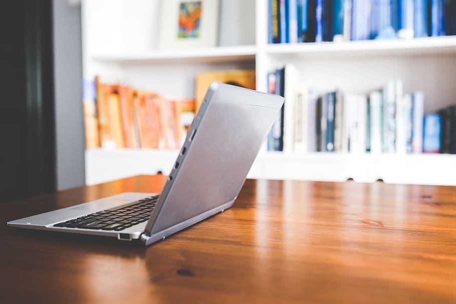 silver and black laptop on brown wooden table, technology, computer HD wallpaper
