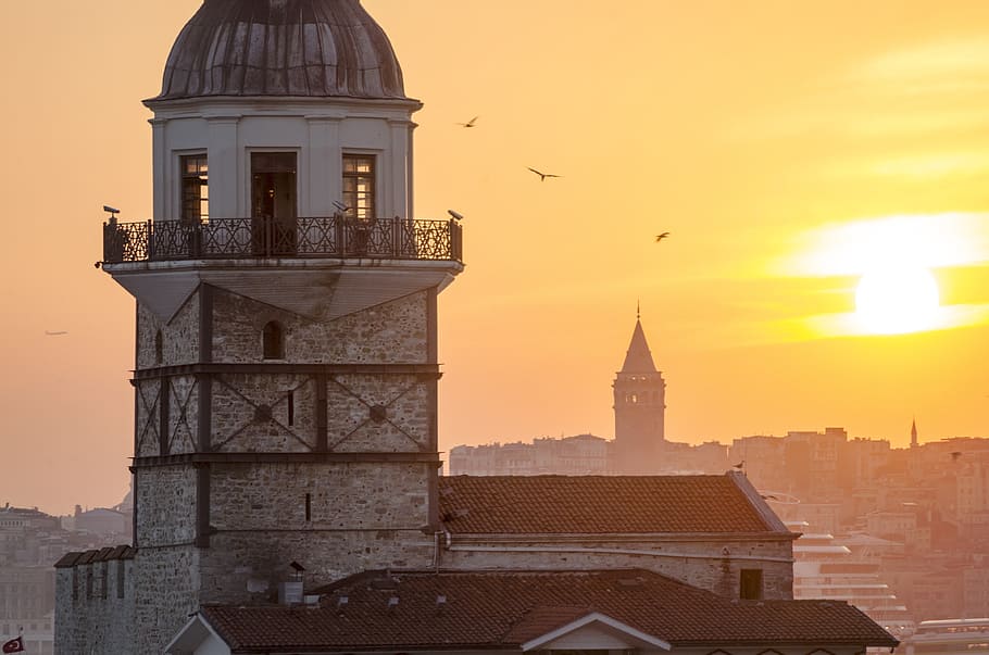 gray concrete lighthouse in sunset, turkey, turkish, istanbul HD wallpaper