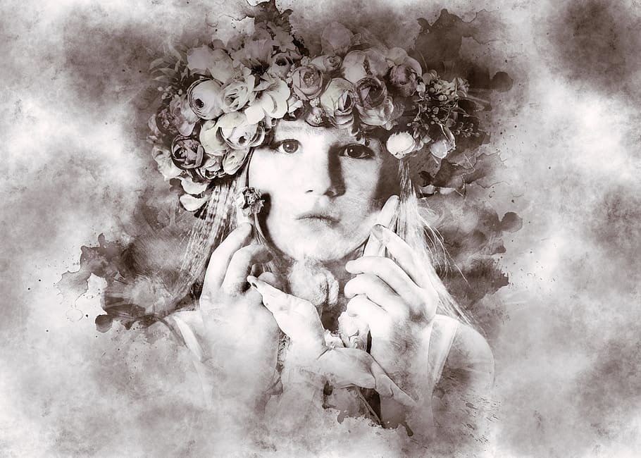 woman wearing flower accessories, portrait, girl, face, head, HD wallpaper