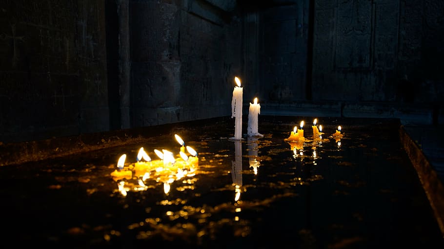 two white candles, wax, lit, prayer, church, sacrificial lights HD wallpaper