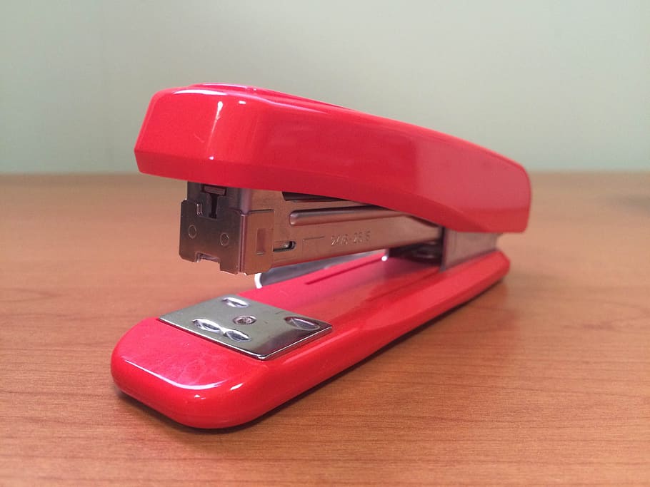 stapler, office, paperwork, printer, table, red, technology, HD wallpaper