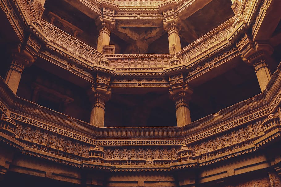 mosque interior, worm's eye-view of brown vagabonded place, building HD wallpaper