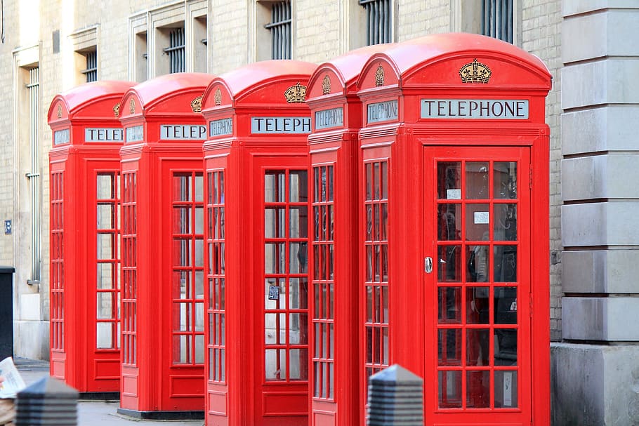 four telephone booths, london, england, famous, urban, historian, HD wallpaper