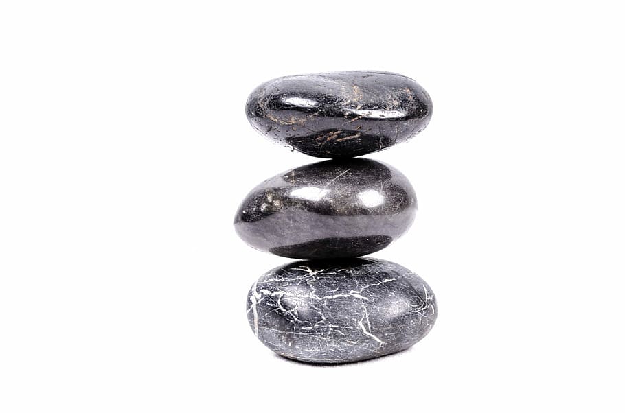 three black stone pebbles, pile, zen, white, spa, rock, plant HD wallpaper