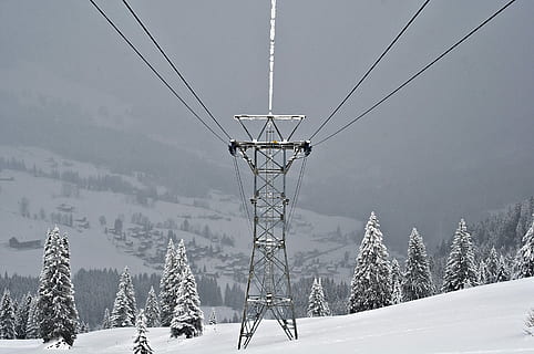 snow, winter, cold, mountain, masts, cable car, snowy, ice HD wallpaper