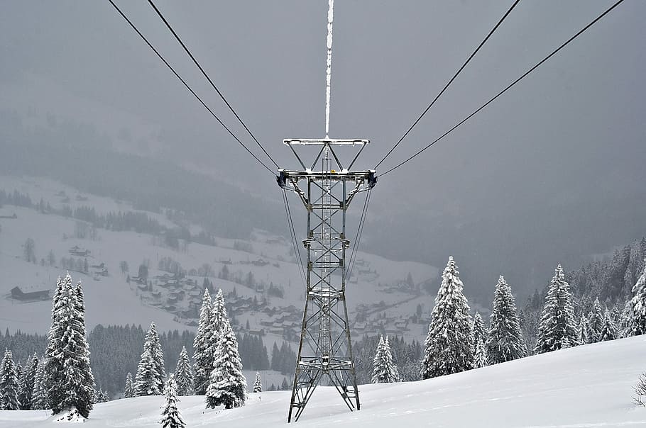 snow, winter, cold, mountain, masts, cable car, snowy, ice HD wallpaper