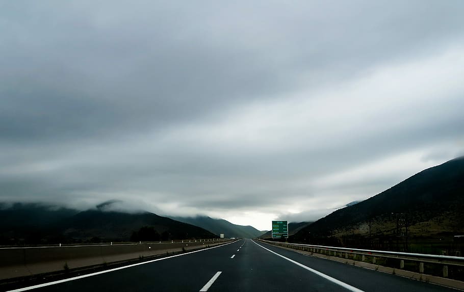 panoramic view of road under the cloudy sky, black, clouds, gray HD wallpaper