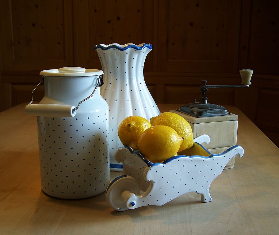 white ceramic jar and vase, still life, lemon, fruit, food HD wallpaper