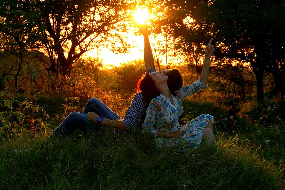 coupe leaning on each other sitting on green grasses beside trees looking at sky HD wallpaper