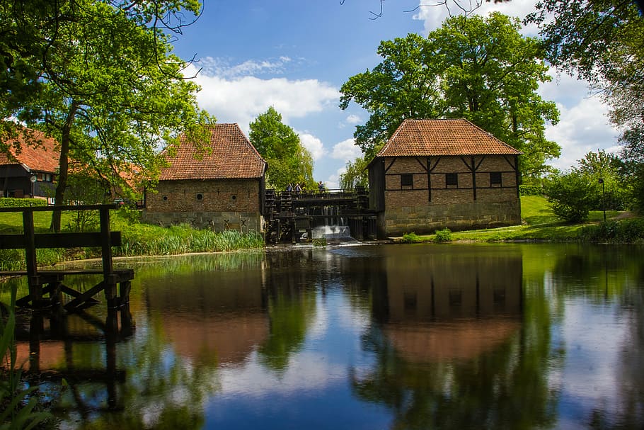 landscape, nature, netherlands, water, reflection, architecture HD wallpaper