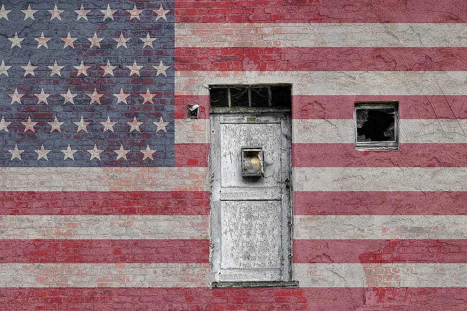 red and blue flag of U.S.A., american, door, vintage, bricks