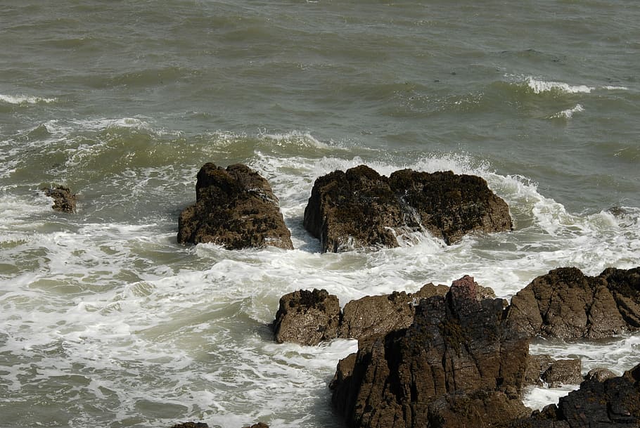 Rocks, Sea, Surf, Shore, Water, storm, spray, foam, stormy HD wallpaper