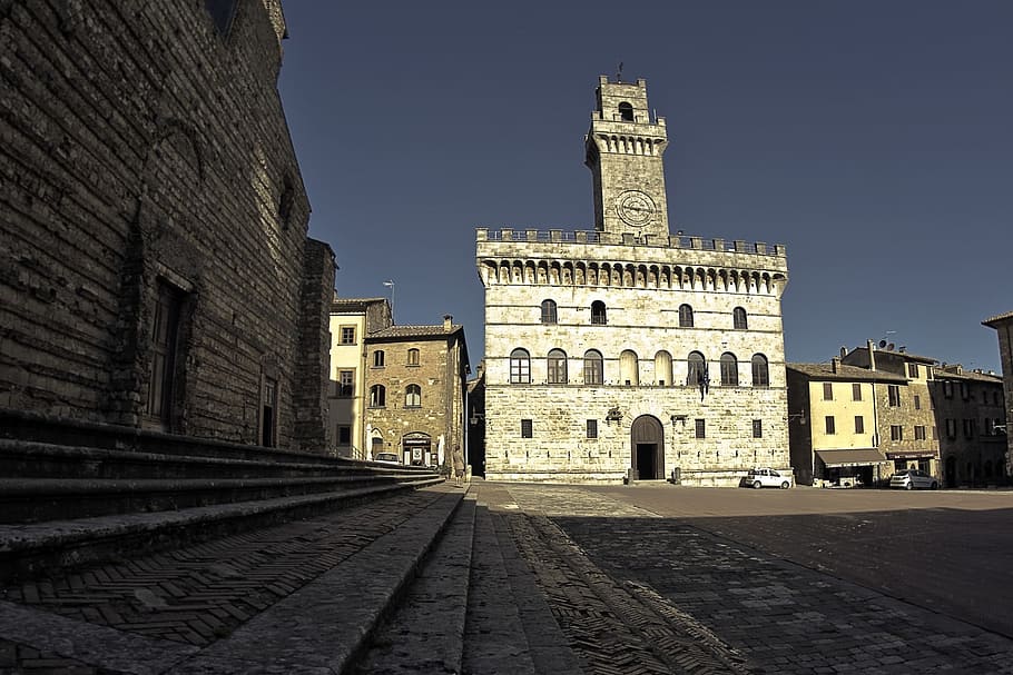 low angle view of cathedral, Montepulciano, Square, Tuscany, large square