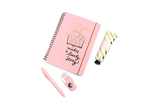 pink book beside pink click pen, notebook, diary, leave, write down HD wallpaper
