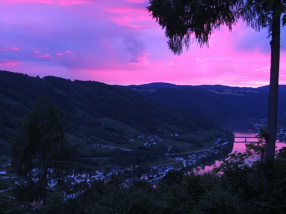 danube, sky, sunset, river, tree, mountain, plant, scenics - nature HD wallpaper