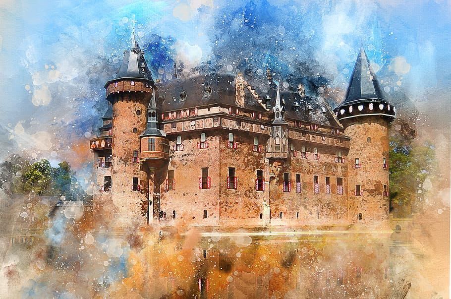 brown castle painting, forest, riddle, sky, summer, travel HD wallpaper
