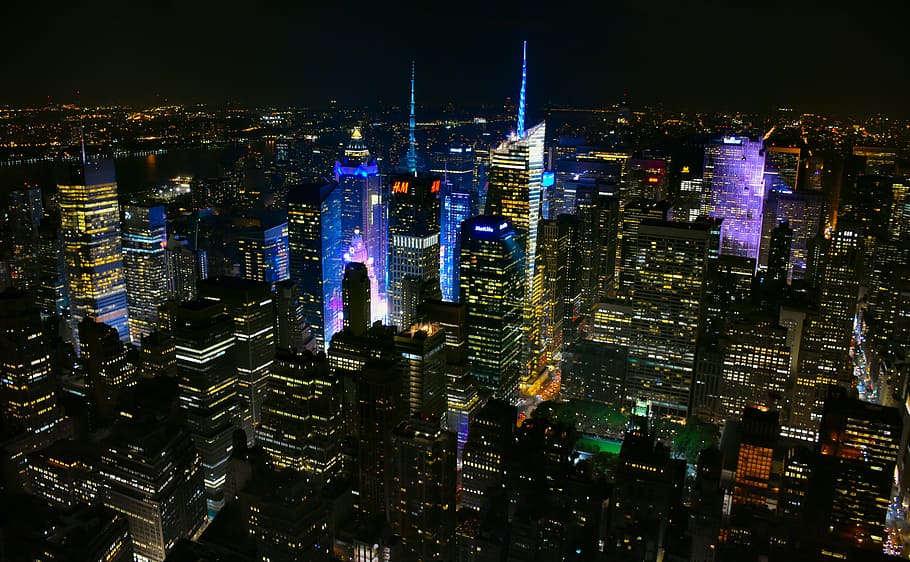 buildings with lights turned on at nighttime, new york, manhattan