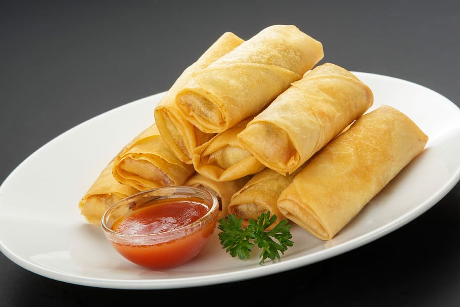 spring rolls on plate, food, refreshment, meal, breakfast, food and drink