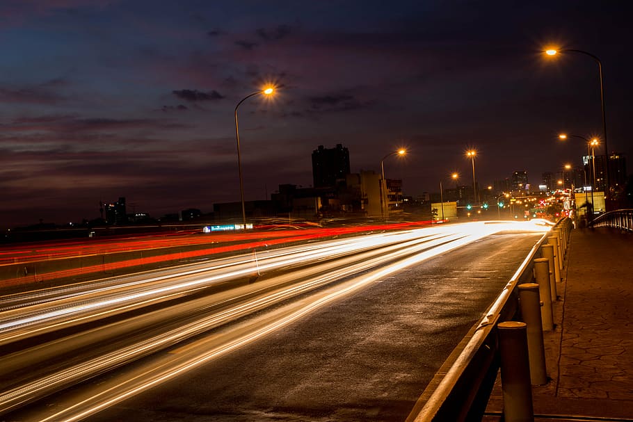city, town, road, night, light trail, long exposure, motion HD wallpaper