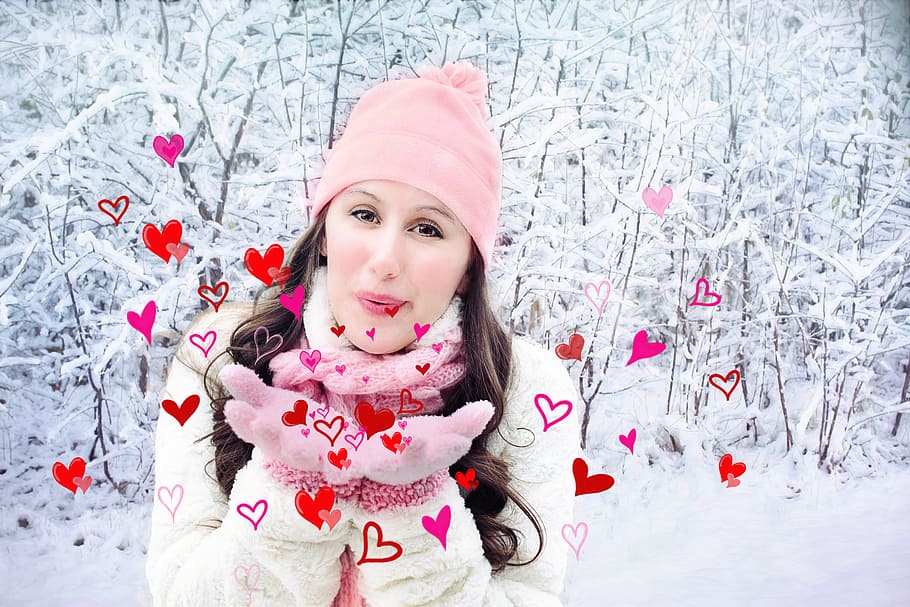 woman in pink knit cap and winter jacket on snowy place during daytime, HD wallpaper