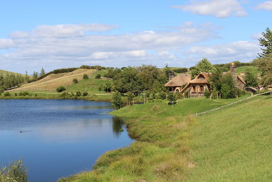 beige house near body of water, Hobbiton, New Zealand, Movie Set, HD wallpaper