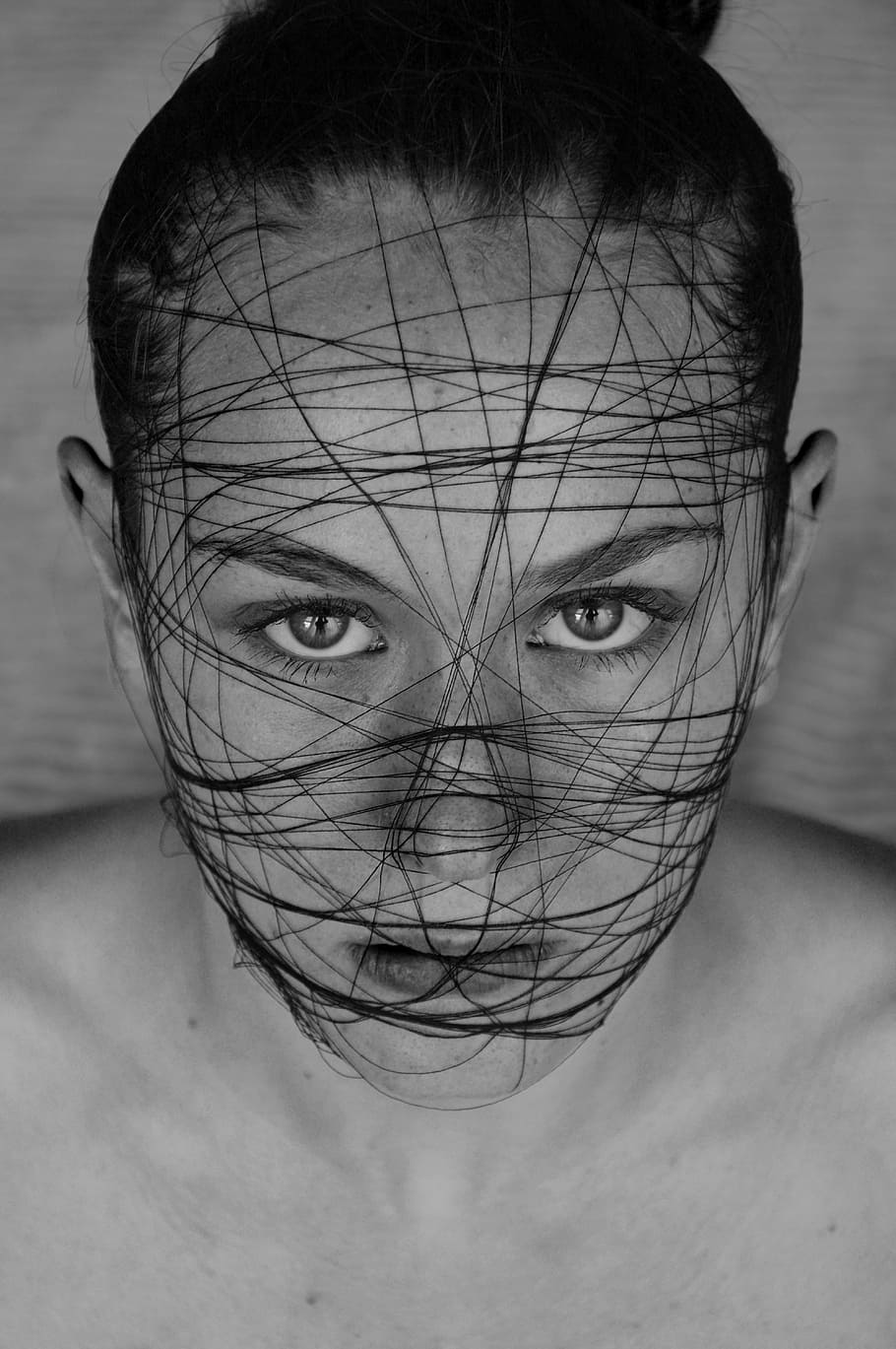 grayscale photo of woman's face covered with black thread, model HD wallpaper
