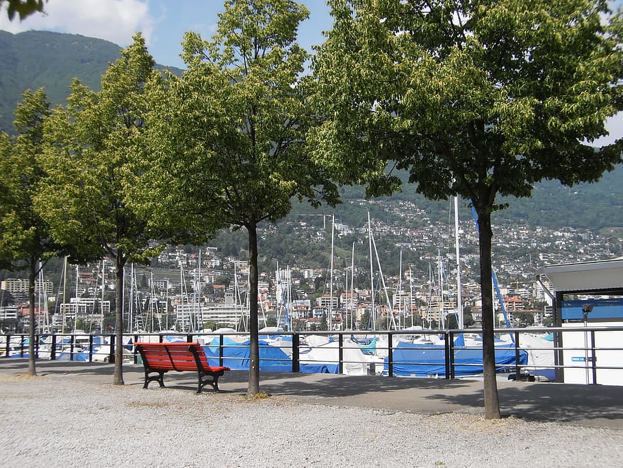 Ticino, Port, Boats, Bench, Trees, Boot, locarno, switzerland, HD wallpaper