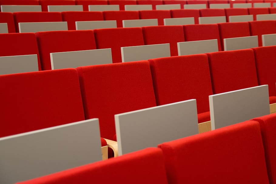 empty red and gray seats, room, lecture hall, assembly hall HD wallpaper