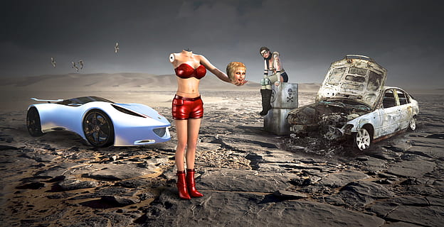 woman standing in the middle of the field surrounded two cars background HD wallpaper
