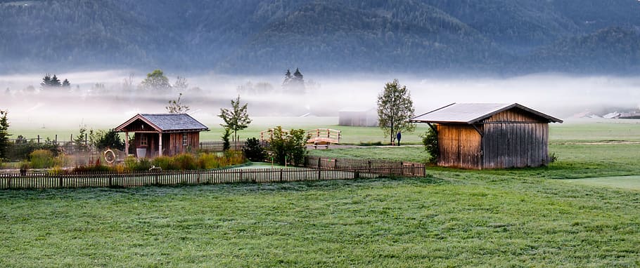 brown wooden garden shed, autumn mood, landscape, fog, morning, HD wallpaper
