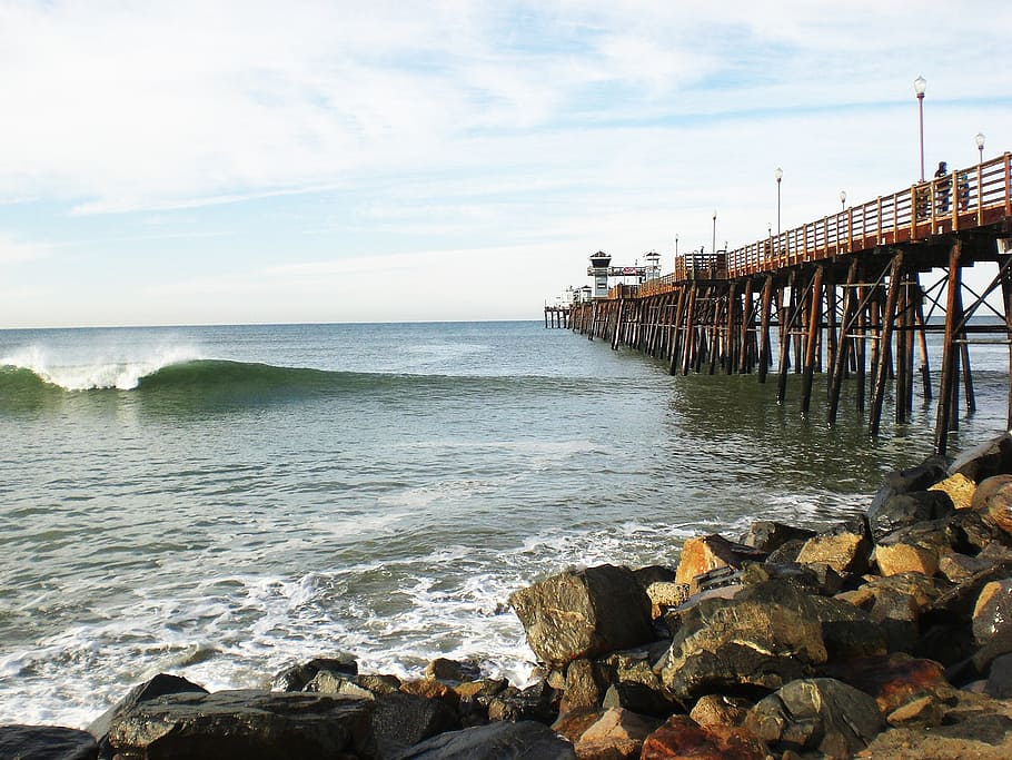 pier, wave, ocean, oceanside, california, water, sea, sky, rock HD wallpaper