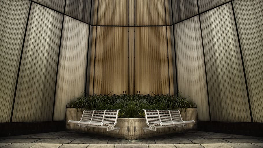 landscape photography of gang chairs placed near plants, bench HD wallpaper