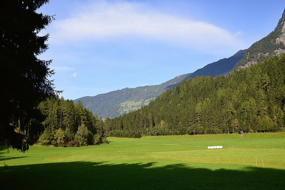 clouds, sautens, oetz, mountains, plant, tree, green color HD wallpaper