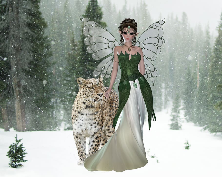 fairy beside leopard illustration, winter, beautiful, nature HD wallpaper